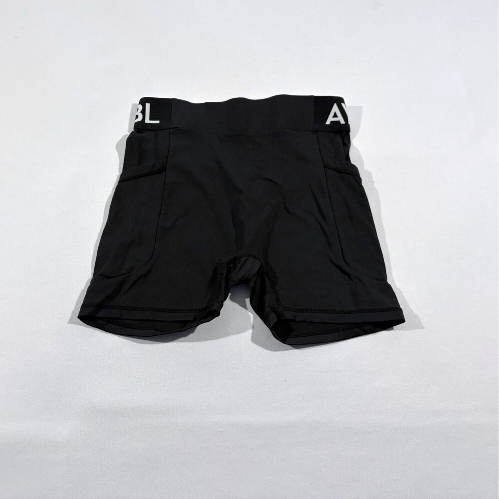 AYBL Womens Logo Black Activewear Workout Bike Yoga Running Stretch Shorts Sz S